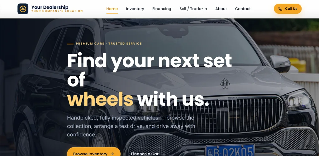 Car dealership concept homepage with a close-up luxury SUV hero