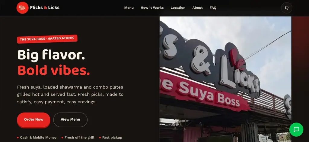 Concept homepage for Flicks and Licks, a food and film experience: a bold hero section with 'Flicks and Licks' branding and a food and cinema pairing