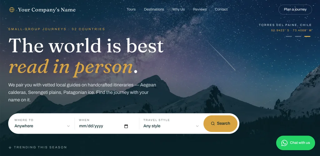 Travel agency concept homepage with a night-sky hero over Torres del Paine