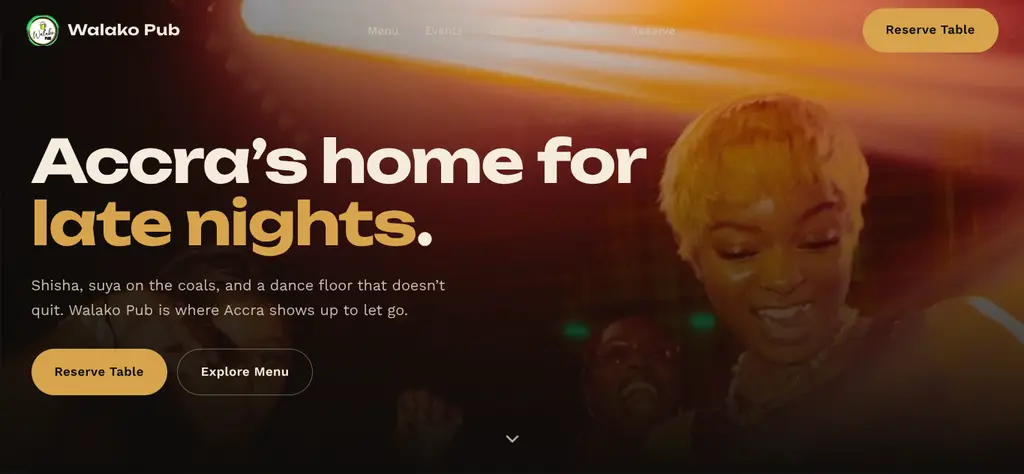Concept homepage for Walakopub, a bar concept: a bold hero section with Walakopub branding and a moody nightlife atmosphere